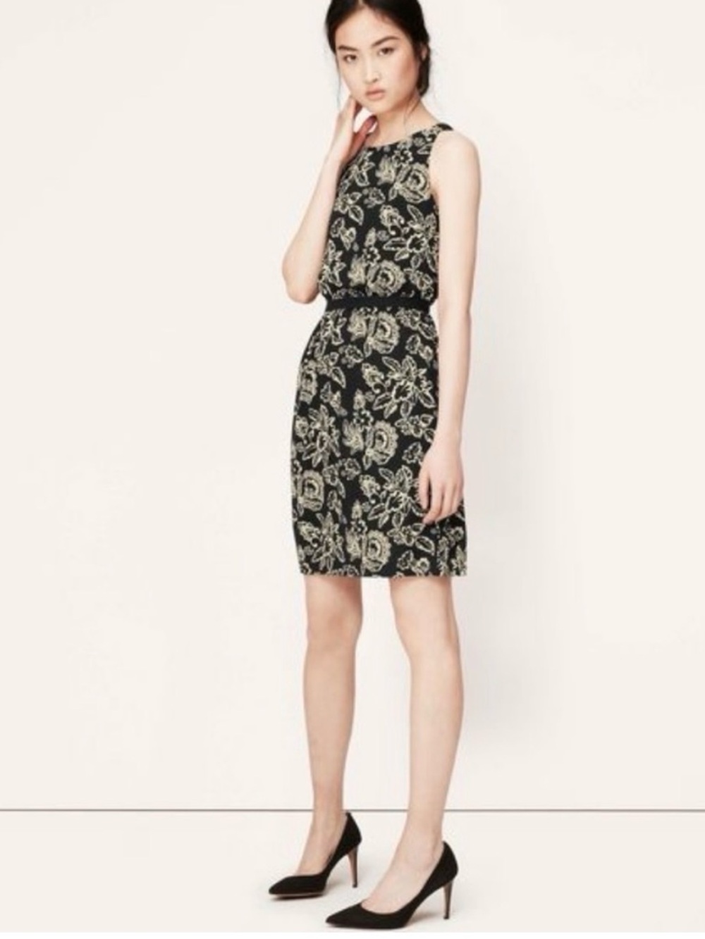 LOFT Black/Cream Floral Dress